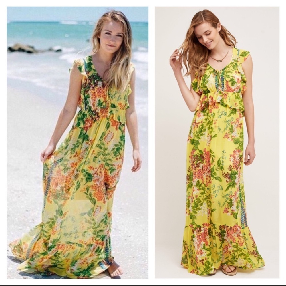 Anthropologie Tracy Reese Sungrove Floral Maxi Dress Yellow Flounced Ruffle Sz S